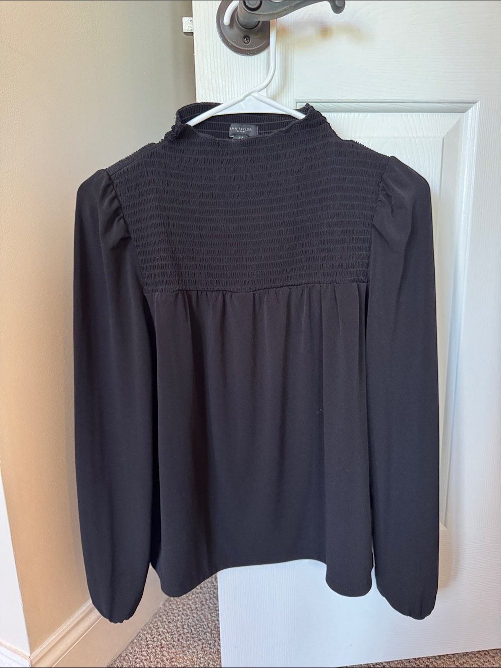 Ann Taylor Factory Black Smocked Yoke Long Sleeve Blouse